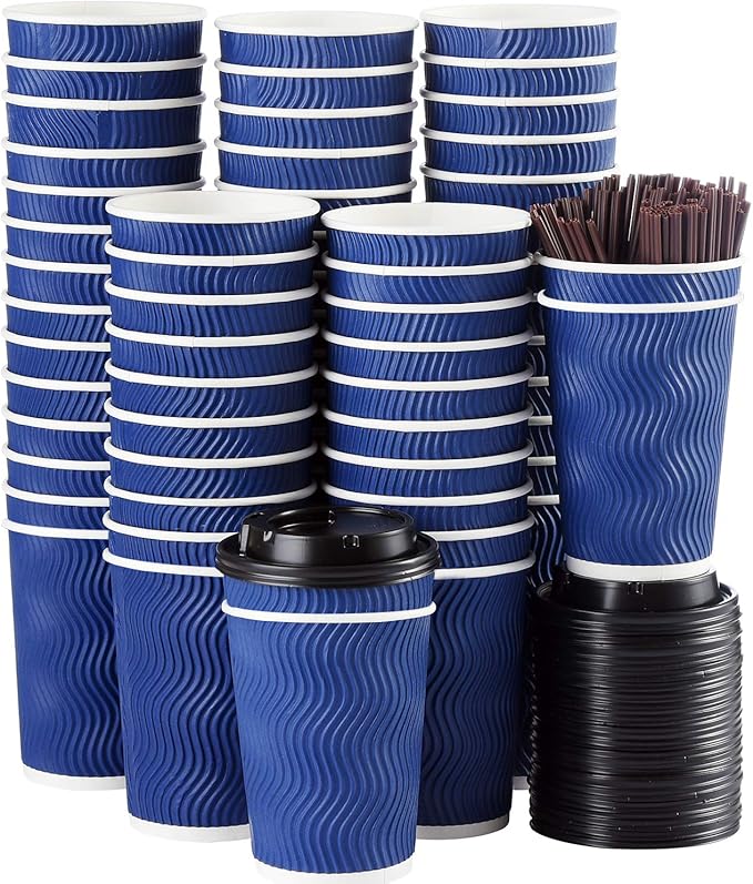 Kindpack Disposable Coffee Cups with Lids and Straws 12 oz (90 Set) - Hot Paper Coffee Togo Cup with Lid To Go for Hot/Cold Beverages Espresso Tea Water Insulated Reusable Durable Drinks Ripple Cups