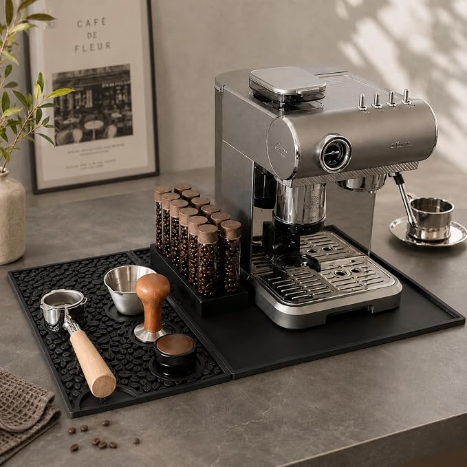 Coffee Bar Mats for Countertop, 23.6x15.7in Silicone Dish Drying Mat | Black Silicone, Home Bar Counter, 2-Zone Dish Mat Drying Kitchen Mat, 4 Tool Slots, Bartender Accessories by Unknown