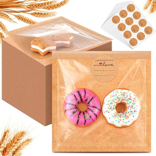 Outus 100 Pcs Cookie Packaging Bags with Seal, 4 x 4 Inch Bakery Pastry Bags with Window, Heat Sealable Grease Resistant Paper to Go Bake Sleeves for Gift Giving Donut Bread Sandwich (Brown) by Outus
