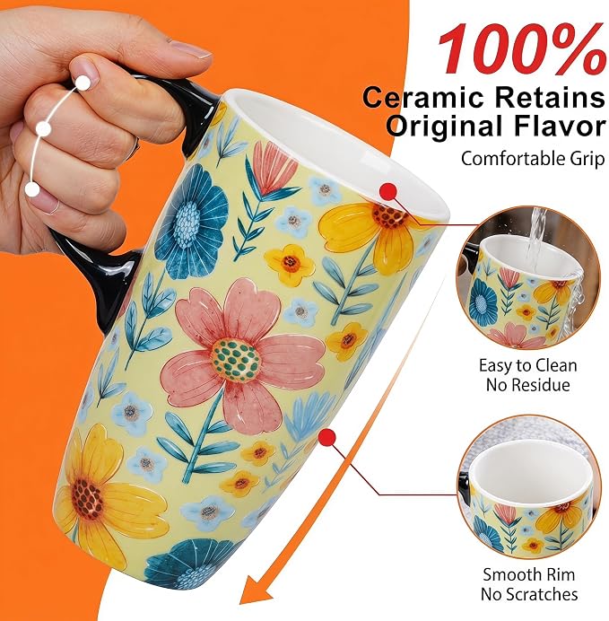Topadorn 17oz Ceramic Travel Mug with Lid, Floral Coffee Mug | Large Ceramic Travel Cup, Microwave & Dishwasher Safe, Gift Box Included - Image 7