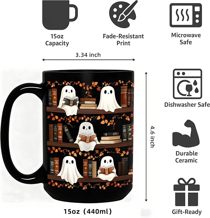 Halloween Ghost Reading Coffee Mug, Bookshelf Tea Cup, Black, 15oz | Ceramic, With Handle, Spooky Book Mug for Book Lovers & Readers, Novelty Festive Bookish Gift for Women, Friends, Coworkers - Image 3