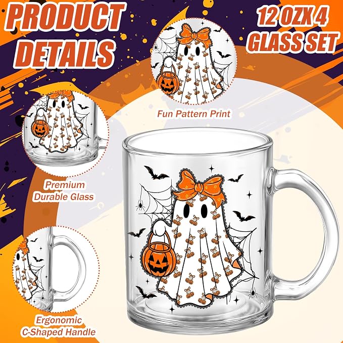Tioncy 4 Pcs Halloween Ghost Coffee Mugs 12 oz Pumpkin Glass Cups with Handle Orange Bow Coffee Cup Horror Gifts Drinking Containers for Halloween Holiday Party - Image 2