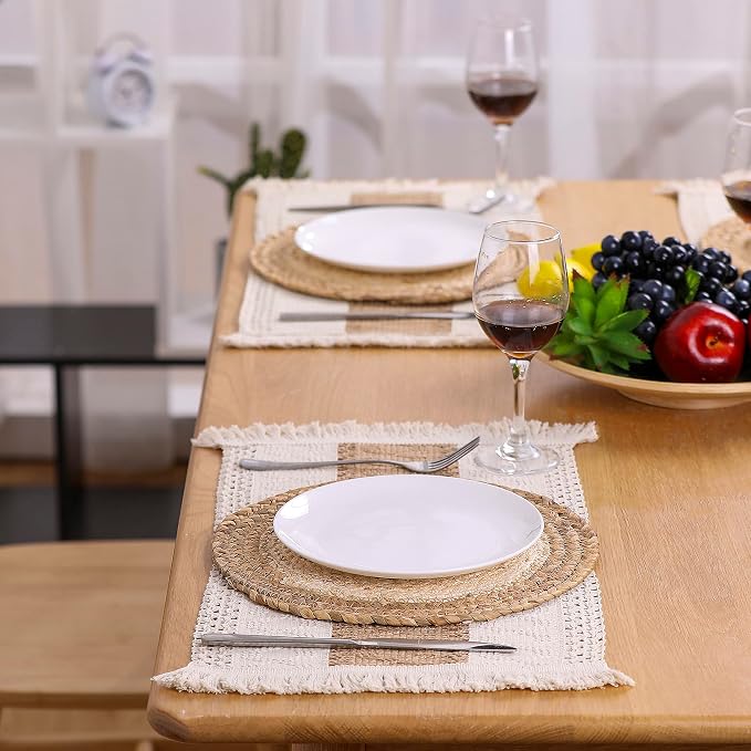 Handmade Boho Placemats Set of 4 - Natural Cotton Burlap and Water Straw Woven Combination Table Mats, Macrame Décor and Farmhouse Style Placemats, for Dining Table Kitchen - Image 6