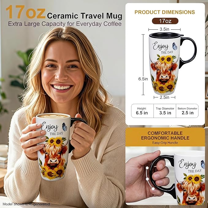 Topadorn 17oz Ceramic Travel Mug with Lid, Highland Cow Coffee Mug | Farmhouse Ceramic Coffee Cup with Handle, Gift Box Included, Dishwasher & Microwave Safe - Image 5