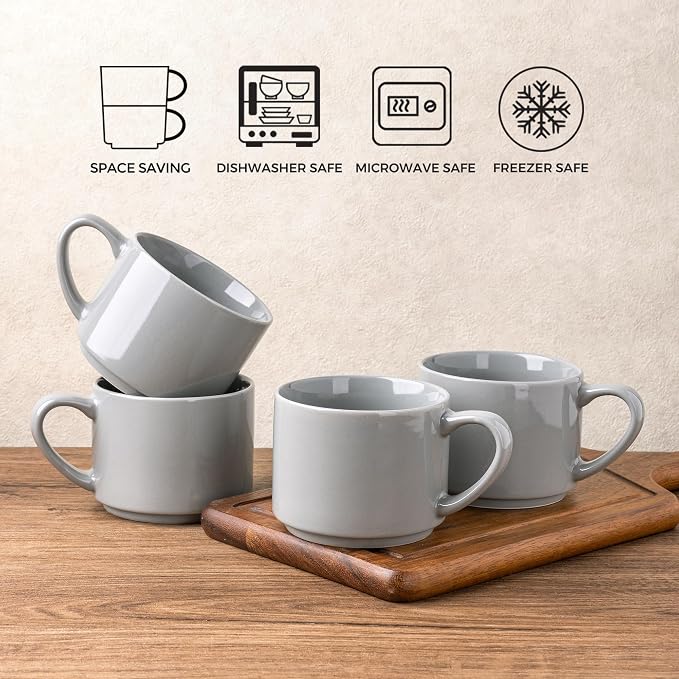GBhome 14 OZ Coffee Mugs Set of 6, Stackable Ceramic Mugs for Men, Women, Modern Coffee Mugs for Latte,Cappuccino,Hot Cocoa. Dishwasher & Microwave Safe, Gray - Image 6