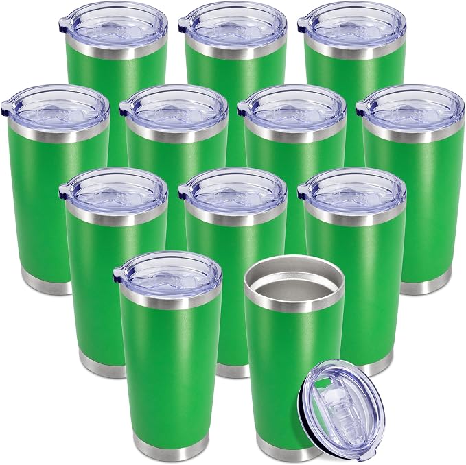 20oz Tumbler Insulated Coffee Tumblers with Lid Stainless Steel Green 12P | 20 oz Tumblers Double Wall Insulated Vacuum 20oz Coffee Mug Leak Proof Tumblers with Lid Powder Coated - Green 12 Pack by AEPDTD