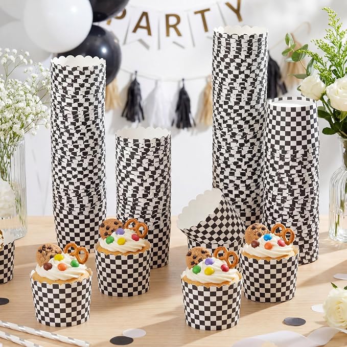 Qinyoung 150 Pcs Race Car Checkered Cupcake Wrappers Liners Black and White Paper Baking Cup Greaseproof Disposable Scalloped Checkered Flag Muffin Case for Racing Car Birthday Party Baby Shower Decor - Image 7