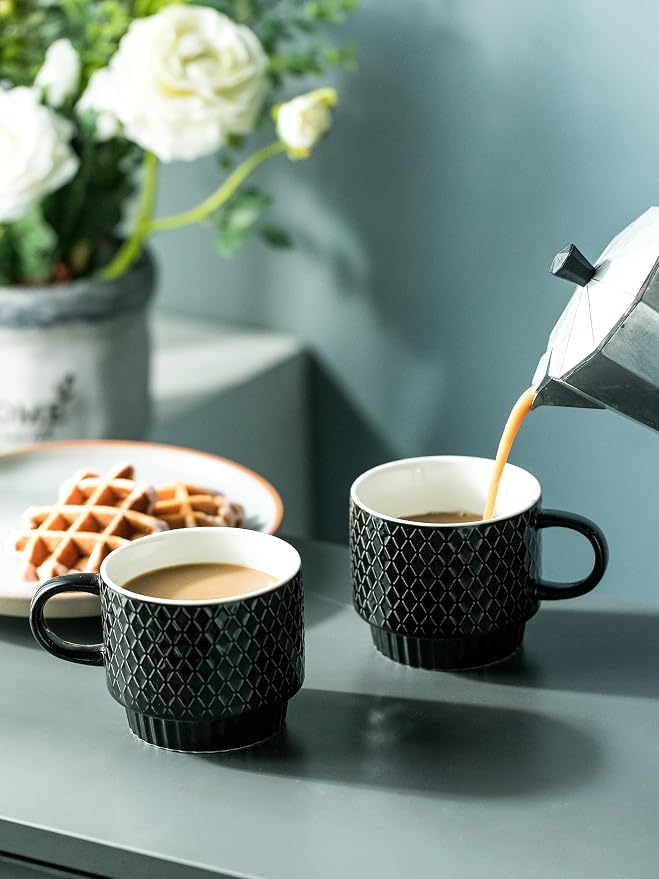 LYEOBOH Stackable Coffee Mugs Set of 4 with Rack & Spoons Coffee Mug Set 13 OZ., Ceramic Embossed Grinding Demitasse Cups Set Cappuccino Cup Halloween for Coffee, Latte, Macchiato, Espresso, Black - Image 7
