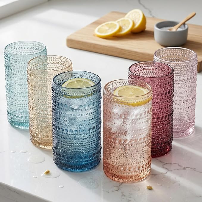 Khen Beaded Highball Drinking Tumbler Set | Set of 6 | Holiday Decor Vintage Hobnail 12 OZ Muted Bubble Design Whiskey Glassware, Old-Fashioned, Embossed Design Glass for Water Wine, Cocktail - Image 2