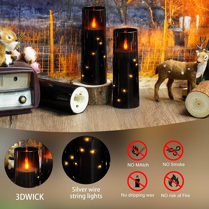 Flameless Candles,with Embedded Star String, Battery Operated Candles Flickering LED Pillar Candles with Remote Control and Timer, Home Decoration Add a Warm and Romantic Atmosphere，Set of 7 (Black) - Image 4