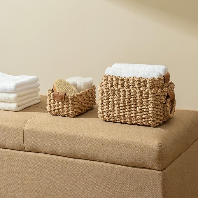 LA JOLIE MUSE Small Wicker Baskets for Organizing, Desert 3 Pack | Decorative Organizer with Vegan Leather Tag, Round Handle, Storage Baskets for Shelves, Bedroom, Kitchen, Office and Home - Image 4