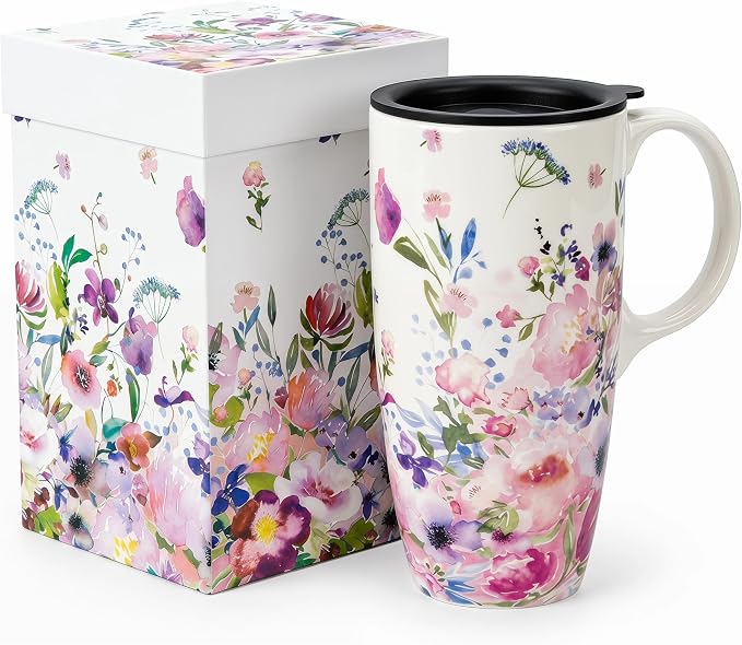 Topadorn 17oz Ceramic Travel Mug with Lid & Gift Box, Coffee Cup for Tea | Watercolor Flower Coffee Cup for Tea, Latte & Office Desk, Pink Garden Design by Topadorn
