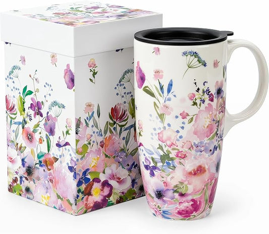 Topadorn 17oz Ceramic Travel Mug with Lid & Gift Box, Coffee Cup for Tea | Watercolor Flower Coffee Cup for Tea, Latte & Office Desk, Pink Garden Design by Topadorn