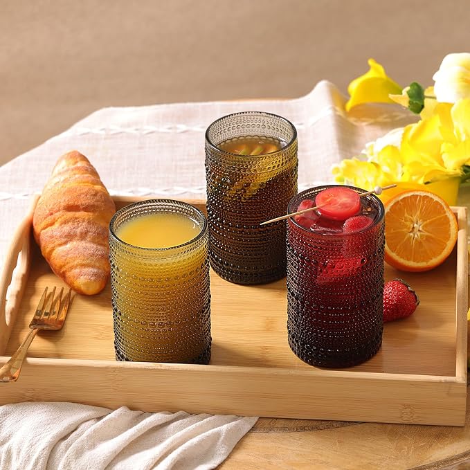 Moretoes 12 Pack 15 Oz Gray Large Hobnail Drinking Glasses Set | Vintage Glassware,Embossed Glass Cups,Water Tumbler,Highball Glasses For Beer, Juice And Various Mixed Drinks - Image 7