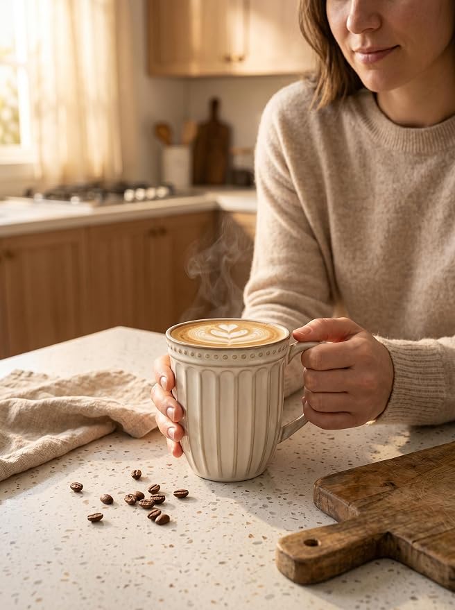 HASENSE Textured Coffee Mugs Set of 4, 16 Oz Ribbed Ceramic Cups with Large Handle for Latte Tea Cappuccino, Stackable Embossed Mugs for Everyday Use, Microwave & Dishwasher Safe, Creamy Beige - Image 6