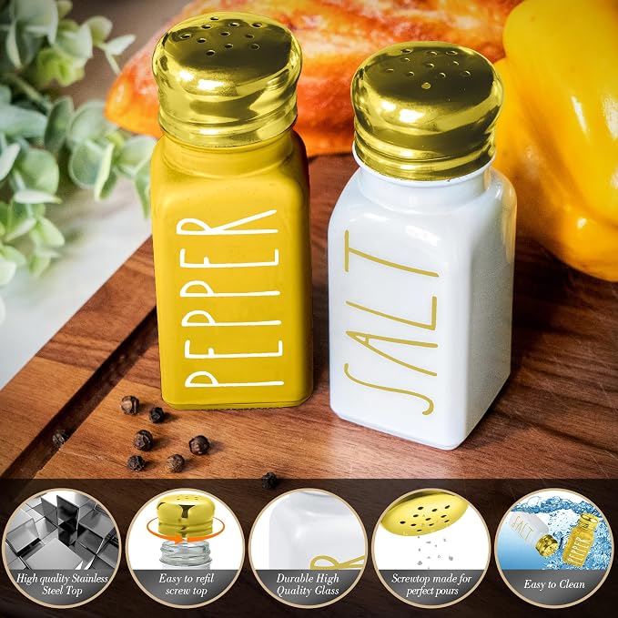 Farmhouse Gold Salt and Pepper Shakers Set by Brighter Barns - Glass Shakers & Stainless Steel Lid - Modern Farmhouse Decor for Restaurant, Airbnb, Wedding, Gifts - Luxury Kitchen Accessories (Gold) - Image 2