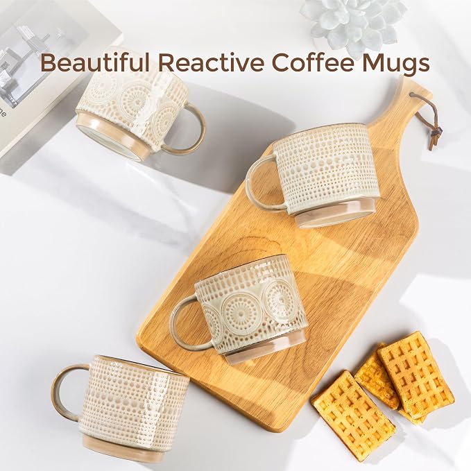 GBhome 16OZ Stackable Coffee Mugs, Ceramic Coffee Mugs with Texture Patterns for Man,Woman,Dad,Mom, Modern Coffee Mugs Set of 4 for Latte/Cappuccino/Cocoa. Dishwasher&Microwave Safe - Image 4