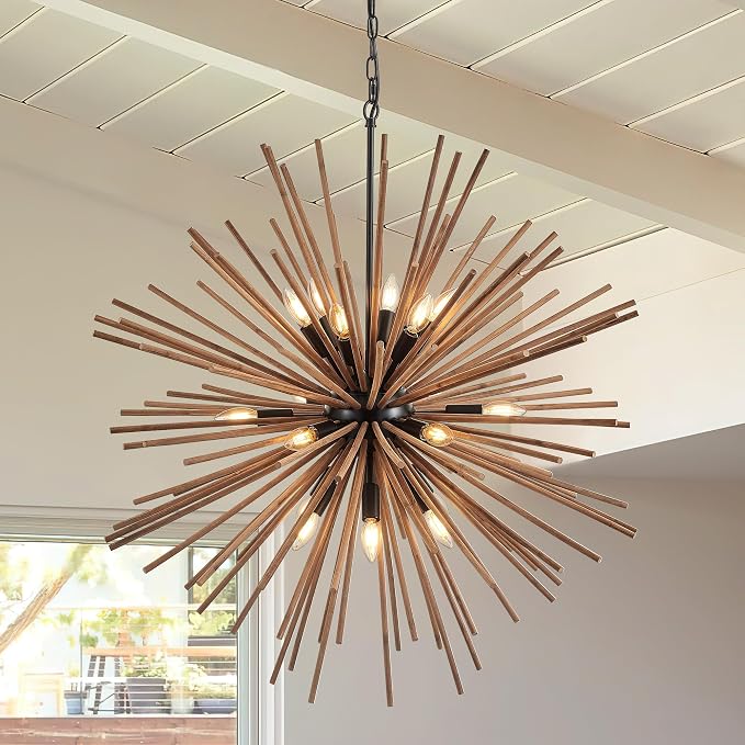 37.4" Farmhouse Sputnik Chandelier for Dining Room Rustic Handmade Natural Wood 18-Light Hanging Ceiling Pendant Light Fixture Starburst Wood Chandeliers for Kitchen Bedroom Foyer Hallway by Lighceac-ProfessionalLightingFixturesManufacturer