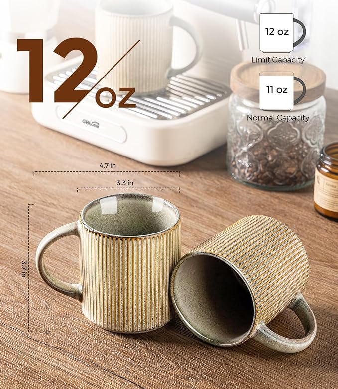 GBhome 12 oz Handmade Stoneware Coffee Mugs Set of 6 with Handles | Coffee Cups for Latte, Tea, Cocoa & Milk, Ideal for Daily Use&Gifts, Microwave & Dishwasher Safe, Desert Sage - Image 2