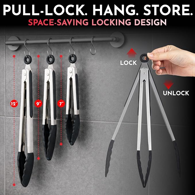 Kitchen Tongs - 12, 9 & 7 Inch Locking Silicone Tongs for Cooking, Set of 3 | Black Tongs with Silicone Tips, Heat Resistant Tongs for Grilling, Serving, Mixing - Image 2