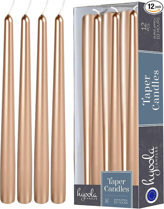 Hyoola 12 Pack Tall Metallic Taper Candles - 12 Inch Copper Metallic, Dripless, Unscented Dinner Candle - Paraffin Wax with Cotton Wicks by Hyoola
