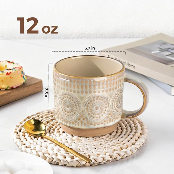 GBhome 12OZ Stackable Coffee Mugs, Ceramic Coffee Mugs with Texture Patterns for Man,Woman,Dad,Mom, Modern Coffee Mugs Set of 4 for Latte/Cappuccino/Cocoa. Dishwasher&Microwave Safe - Image 2