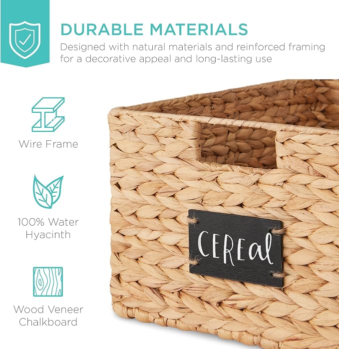 Best Choice Products Pantry Baskets Set of 2 16x12in Water Hyacinth Storage Baskets, Woven Wicker Kitchen Organizers with handles w/Chalkboard Label Chalk Marker - Natural - Image 5
