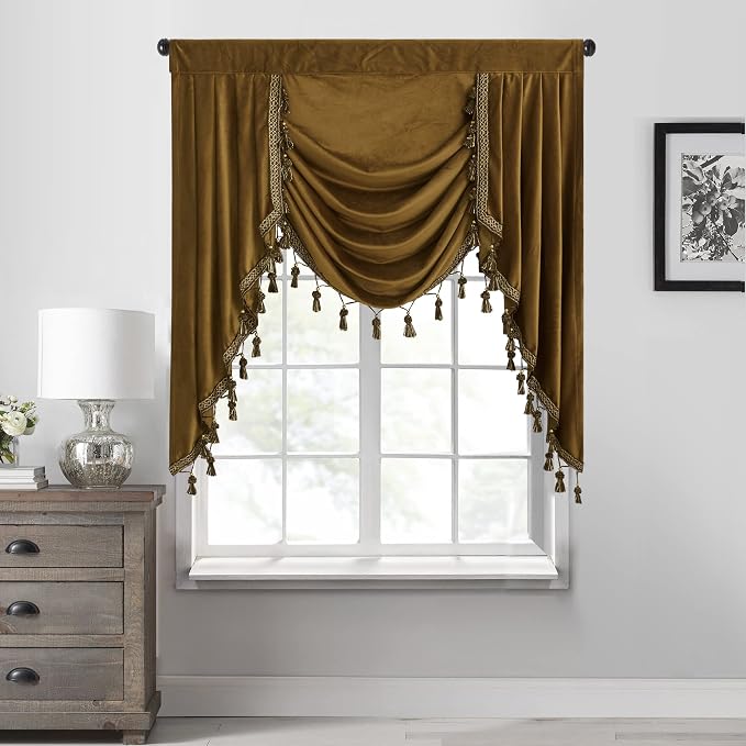 Fall Decor Valance Curtains Gold Brown W39 inches, 1 Panel | Luxury Waterfall Half Window Curtain Tiers, Soft Thick Velvet Fabric, Window Curtain Valance for Kitchen, Bathroom by StangH