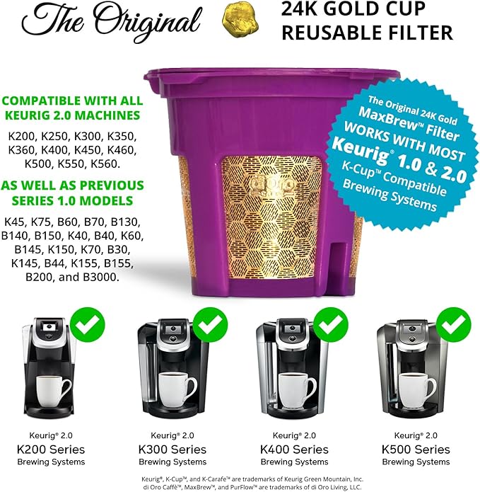DI ORO MaxBrew Keurig Reusable K Cup Coffee Filter – For Keurig 1.0 and 2.0 Coffee Brewers - 24K Gold Small Refillable Coffee Filter - Fits K200, K300/K350/K360, K450/K460, K500/K550/K560 (Purple)