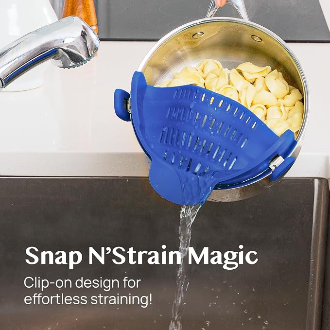 Kitchen Gizmo Snap N' Strain - Silicone Clip-On Strainer for Pots, Pans, and Bowls - Heat-Resistant Kitchen Gadgets, Essential Colander Drainer for Vegetables and Pasta - 7.87x2.76x4.53-Inch (Blue) - Image 2