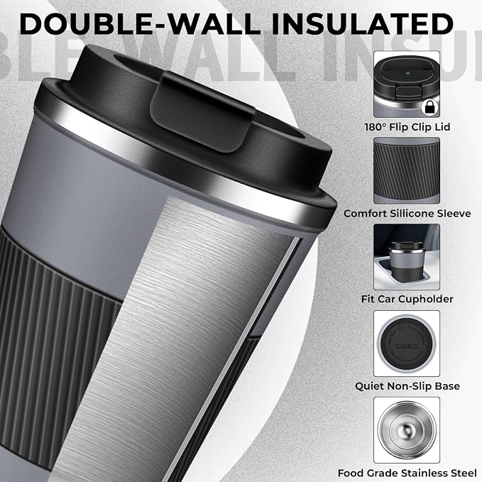 Insulated Coffee Tumbler 12 oz, Stainless Steel Coffee Mug with Lids, Travel Coffee Mug Leak Proof, Double Wall Vacuum Insulated Reusable Coffee Cup, Keep Drinks Hot and Cold (Gray, 12 Ounces) - Image 4