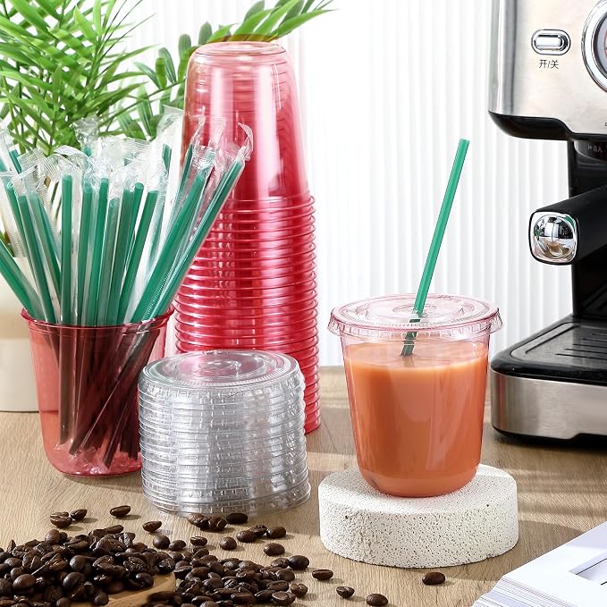 Baderke 25 Set Plastic Cups with Lids and Straws, Disposable Plastic Iced Coffee Cup for Cold Beverage Juice Smoothie Crystal for Coffee Shops Party Catering (Pink,14 oz) - Image 2