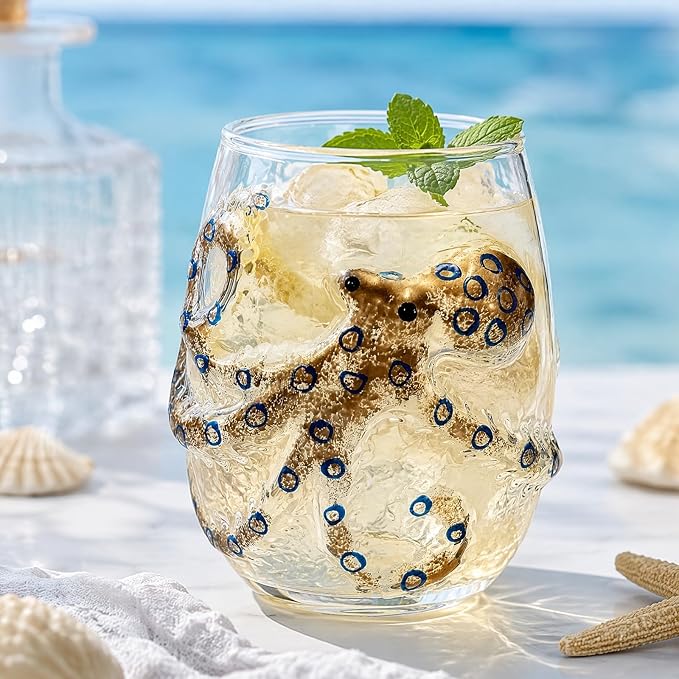 Artisanal Blue Ringed Octopus Glassware, 3D Octopus Stemless Wine Glasses | Handcrafted Marine Animal Bar Glass Collection, 12oz Octopus Drinking Cup for Cocktail, Ocean-Themed Coastal Home Decor Gift - Image 2