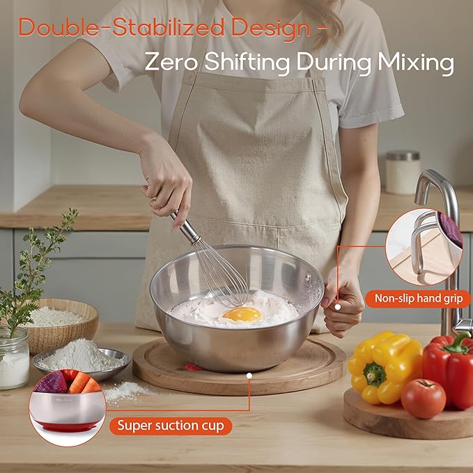 Suction Mixing Bowl SUS304 Stainless Steel w/Non-Slip Silicone Suction Cups Base, Egg Beating Bowls with Handle Baking Bowl Tool for Cooking Baking Prepping Food Storage Batter Bowl Deepen