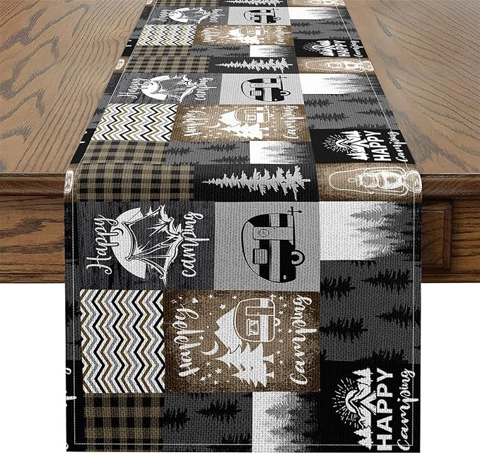 Feelyou Happy Camping Table Runner 108x13 Inch Kids Camper Decorations Indoor Outdoor Party Supply Wood Grain Home Kitchen Dining Decor Botanical Tree Black Brown Home Decor by Feelyou