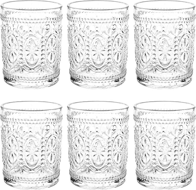 Bekith 6 Pack Drinking Glasses, 9.5 oz Romantic Water Glasses, Clear Embossed Glass Cups Vintage Glassware Set for Whisky, Juice, Beverages, Beer, Cocktail by Bekith