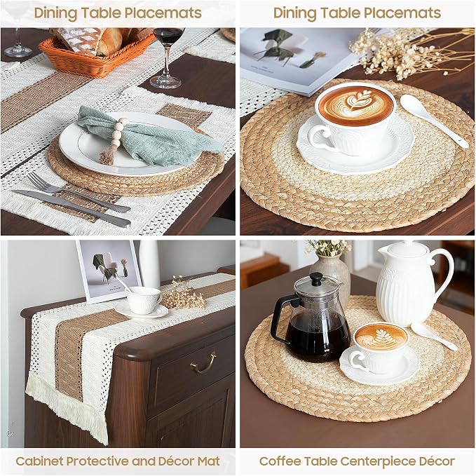 Placemats Set of 4 w/Charger Plates Table Mats Table Runner & Napkin Rings | All in One Placemats,Boho Farmhouse Style Heat-Resistant Non-Slip Protective Round Woven Placemats for Dining Table Décor - Image 3