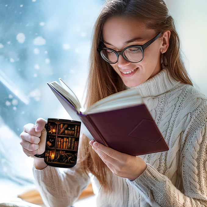 Hyturtle Black Cat Bookshelf Coffee Mug 15 Oz, Book Lover Gift for Women | Includes Matching Mini-Book Keychain; Cozy Literary Ceramic For Readers, Librarians And Bookworms On Birthdays Or Christmas - Image 5