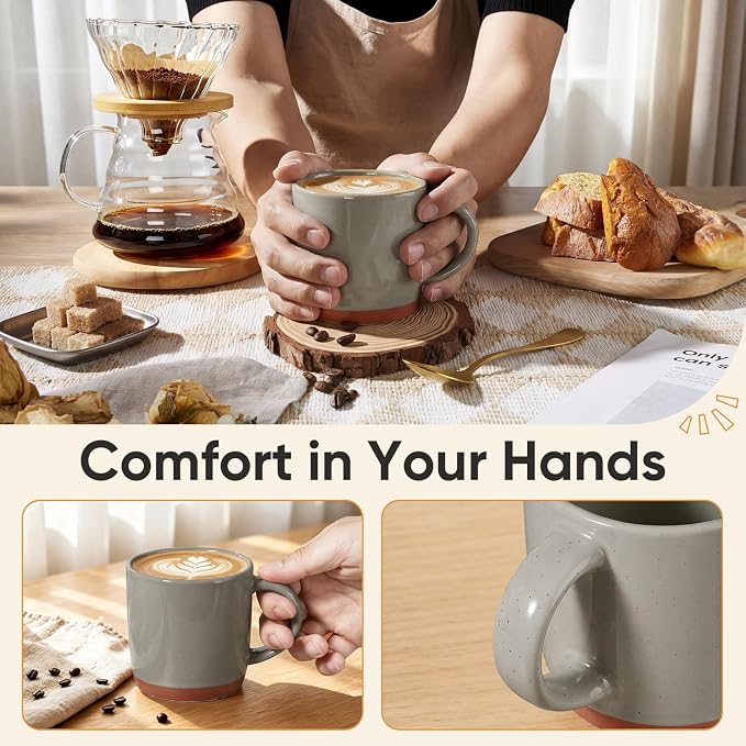 E-far Ceramic Coffee Mug Set of 6, 12oz Stoneware Coffee Cup with Handle, Porcelain Tea Cups, Modern Farmhouse Latte Mug Gift Set for Women & Men, Microwave Safe, Speckled Khaki - Image 6