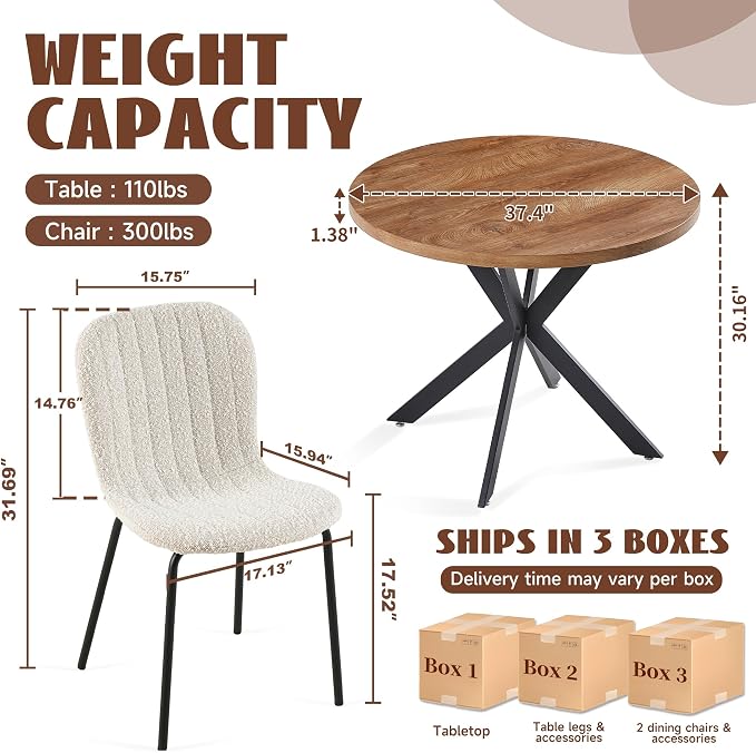37 Inch Round Dining Table Set for 4, Modern Small Circle Kitchen Coffee Set for Apartment Living Room Office, Save Space(1 Imitation Wooden Table + 4 White Boucle Chairs) - Image 4