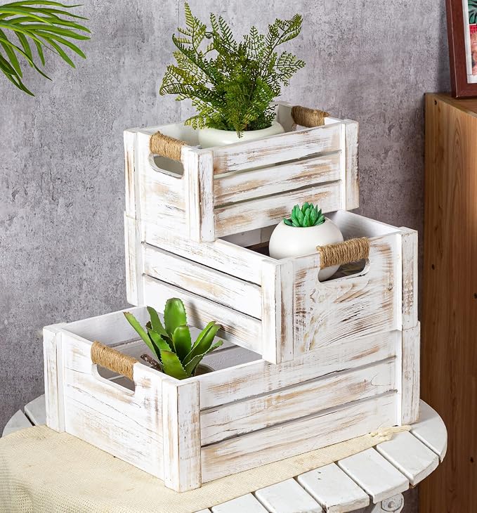 TIMRIS Set of 3 Rustic Wood Nesting Crates, Farmhouse Wooden Storage Container Boxes with Cutout Handles, Decorative Wooden Baskets for Display (Whitewash) by TIMRIS