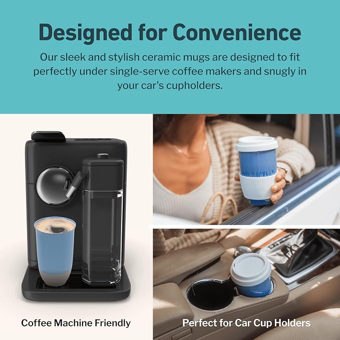 NOVA CERAMICS Travel Mug - Ceramic Coffee Mug With Lid – Microwave & Dishwasher Safe Coffee White & Grey Tumbler - Fits In Cup Holder – 12oz – Coastal Drift - Image 7