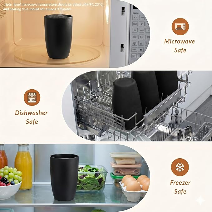 Homienly Kitchen Cups 20oz Wheat Straw Cups-6 pcs Lightweight cups Unbreakable & Reusable Glassware Set Stackable for Party,Camping,Picnic-Black - Image 6