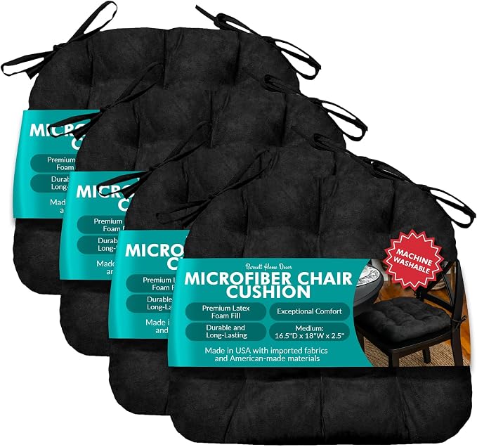 Barnett Home Decor Microsuede Dining Chair Cushions with Ties, 16.5 x 18 Inches, Pack of 4 – Machine Washable, Reversible with Plush Latex Foam Fill for Comfortable Seating – Black by BarnettHomeDecor