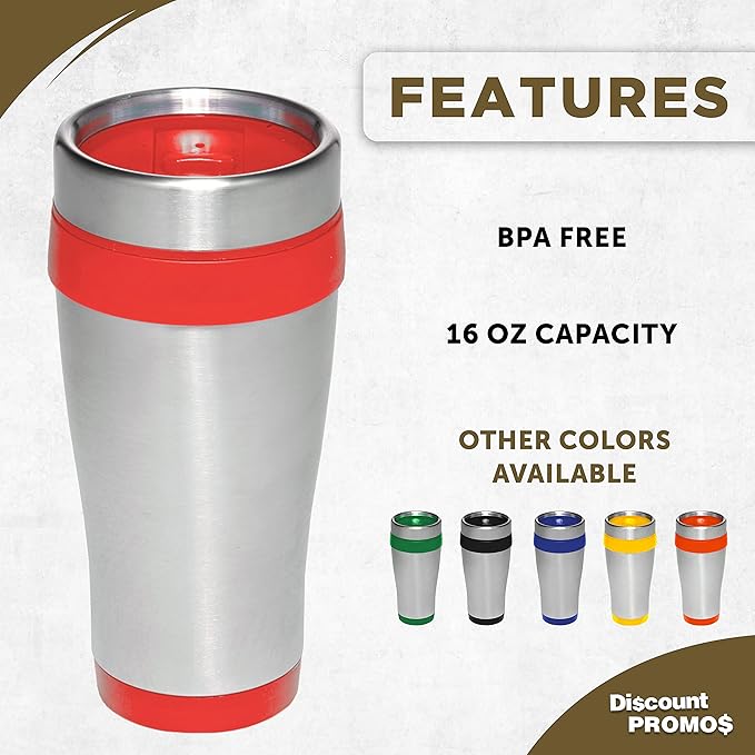 DISCOUNT PROMOS Insulated Stainless Steel Travel Mugs 16 oz. Set of 10, Bulk Pack - Perfect for Coffee, Soda, Other Hot & Cold Beverages - Red