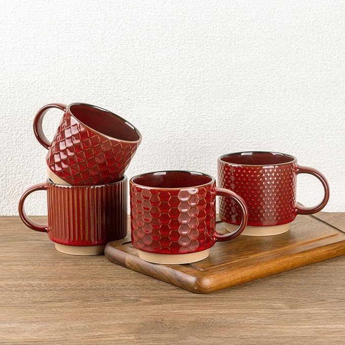 GBhome 15 OZ Stackable Coffee Mugs Set of 4, Ceramic Coffee Cups Set | 4 Assorted Designs, Embossed Mugs with Texture Patterns for Tea/Coffee, Dishwasher&Microwave Safe, Burgundy by GBhome