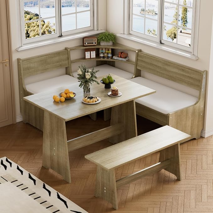 PAKASEPT Corner Breakfast Nook Table Set Kitchen Bench with Soft Cushion | Farmhouse Wood Dining Set,Reversible L-Shaped Corner Bench,Lift-Top Hidden Storage,Soft Padded Cushions,Space-Saving Design - Image 7