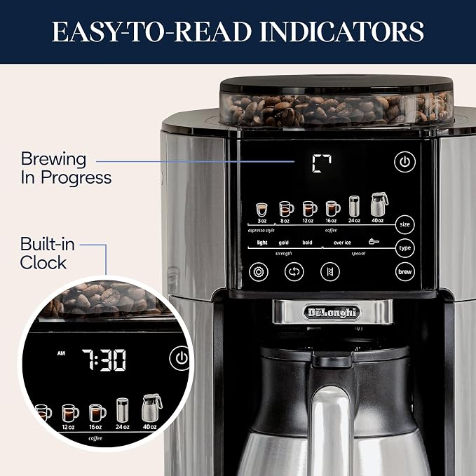 De'Longhi TrueBrew Drip Coffee Maker, Grinder, 8 to 40 oz, Built-In Grinder | #1 Worldwide Espresso Machine Maker, Built-in Grinder, 40 oz Coffee Pot, 5 Brew Styles, 6 Brew Sizes, One-Touch Simplicity - Image 6