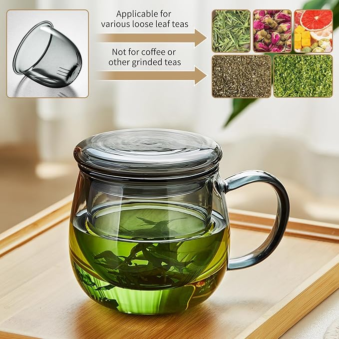 Glass Tea Cup with Infuser and Lid, 32oz/950ml Large Borosilicate Teacup, Clear Mug for Loose Leaf, Blooming Tea, Dishwasher Safe - Tea Maker Gift for Birthday