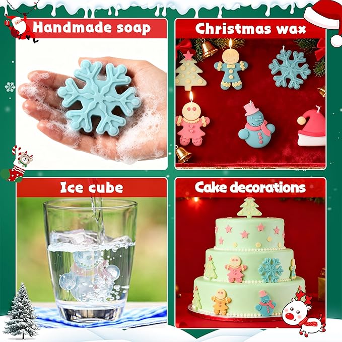 2Pcs Silicone Christmas Cookie Mold for Baking, Christmas Chocolate Cookie Molds Snowflake Snowman Christmas Hat Christmas Trees Gingerbread Man Shape Mold for Candies, Cookie, Wax Melts